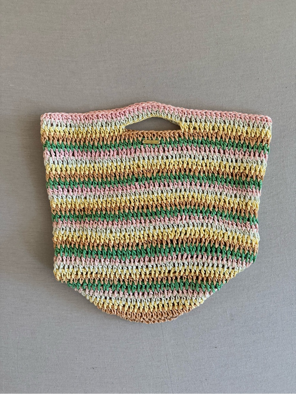 Billabong Raffia Bucket Tote in Pink, Green & Tan